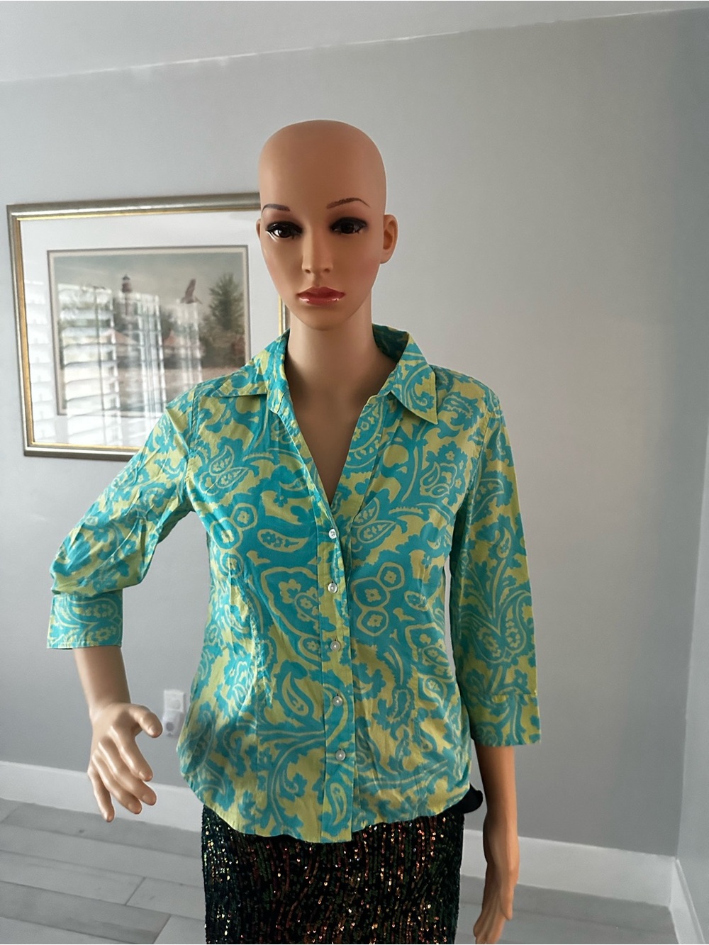 Talbots Turquoise and Yellow Paisley Button-Down Shirt